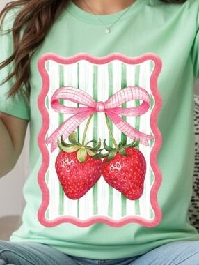 Gildan Mint Green Tee with Pink Bow & Strawberry Graphic